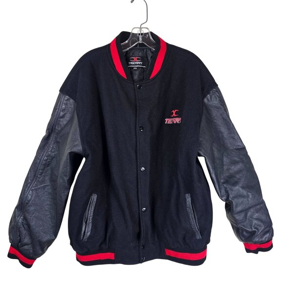 Texport Black & Red Wool Bomber Jacket 2XL Leather Sleeves Moto Bikercore Grunge - Picture 1 of 13